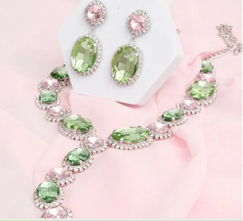 Rhinestone low drip pink and green necklace set