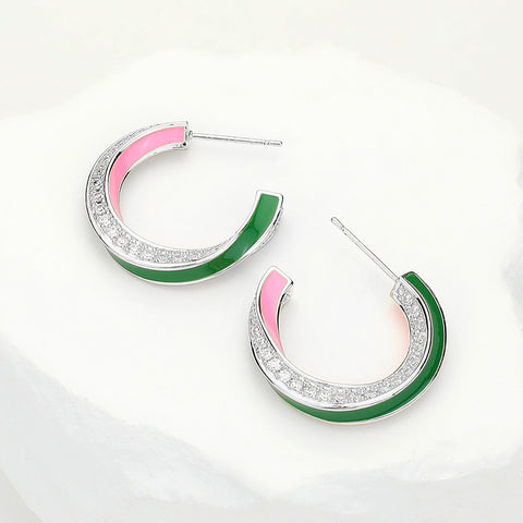 Twisted Pink and Green Earrings Silver